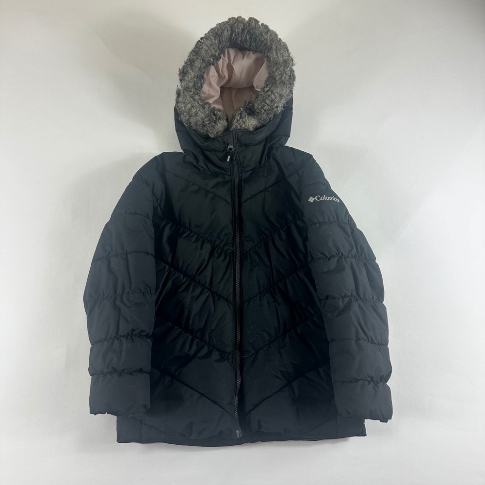 Columbia Kids Black Puffer Jacket Hooded Faux Fur Trim Size 7 8